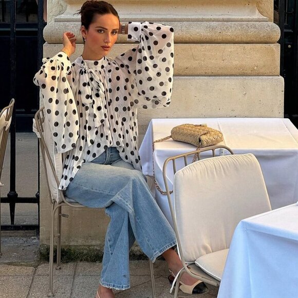 Multicolor Casual Women's Elegant Polka Dot Pattern Bowknot blouse - Picture 4 of 5